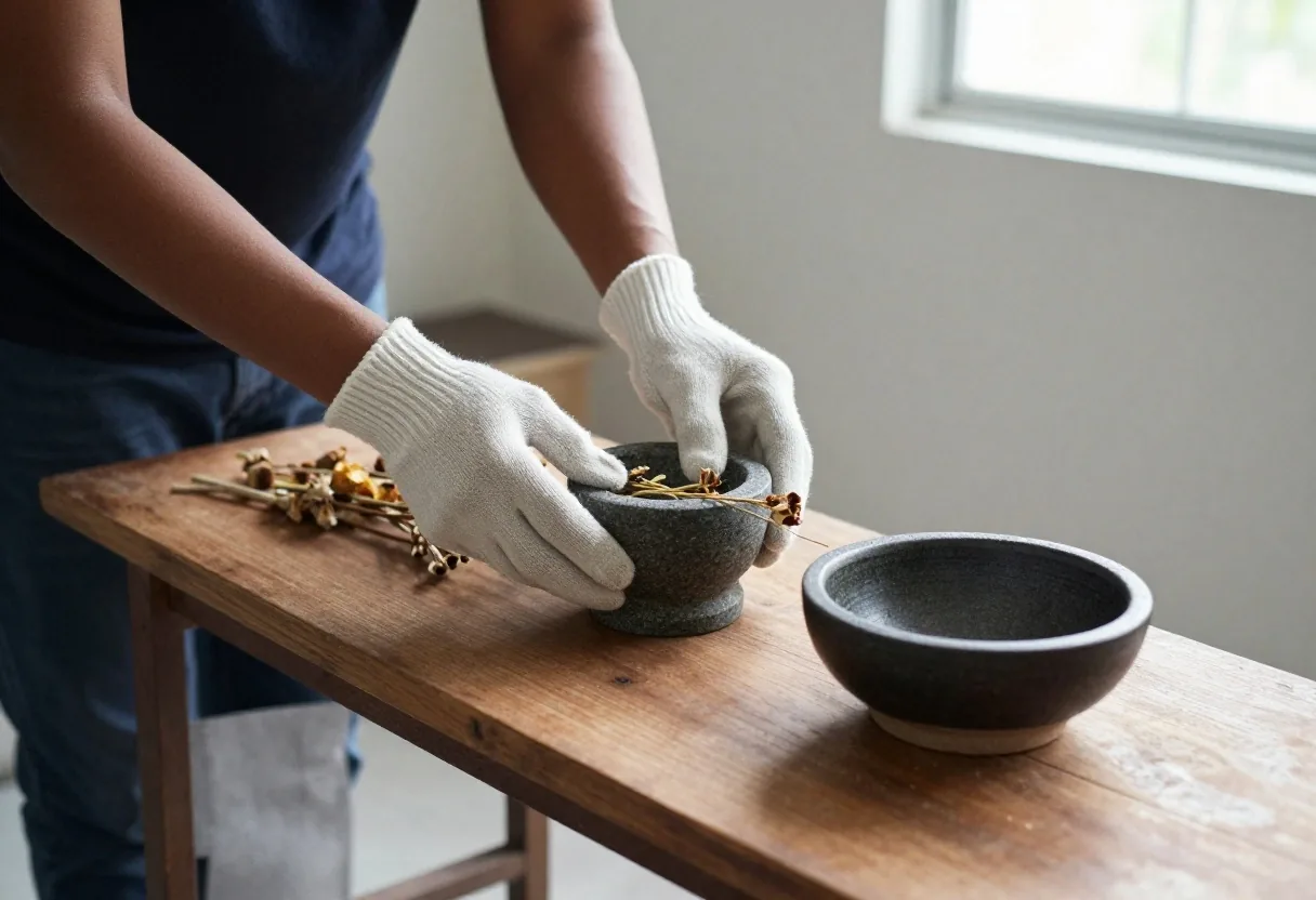 A gloved hand folding dried botanical cuttings onto a stone slab at the NusaVita workspace in Jakarta