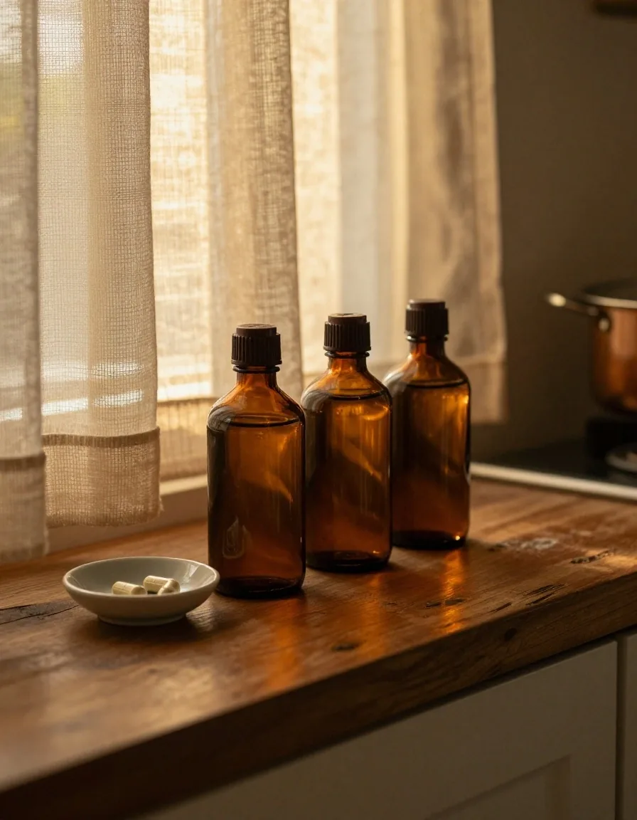 Amber glass supplement bottles arranged on a linen table