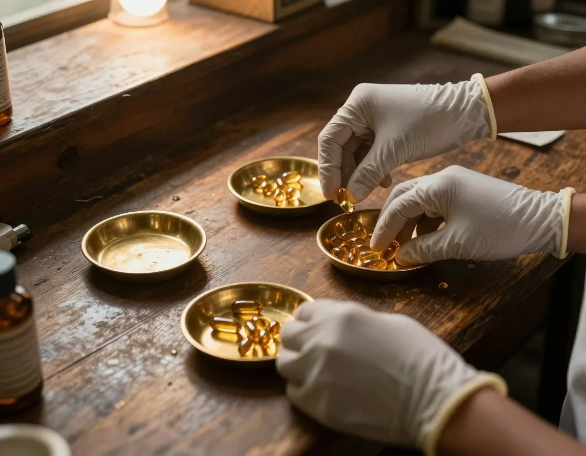 Hands sorting supplement capsules into trays at the NusaVita workspace