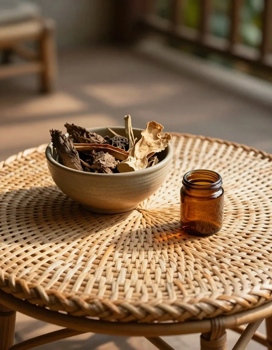 Warm everyday still life with a jar of dried botanicals on an amber-tinted table