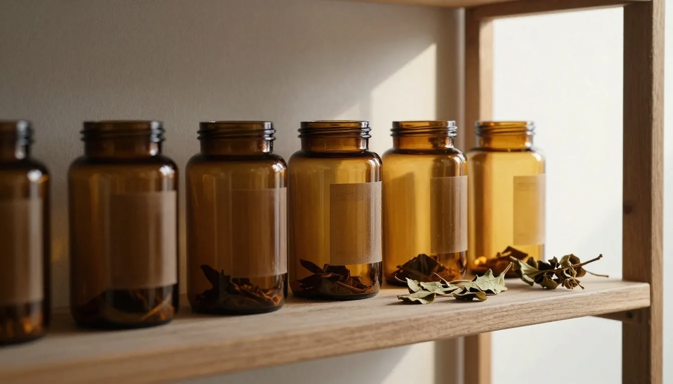 A row of amber-glass supplement jars with dried moringa leaves on a linen shelf