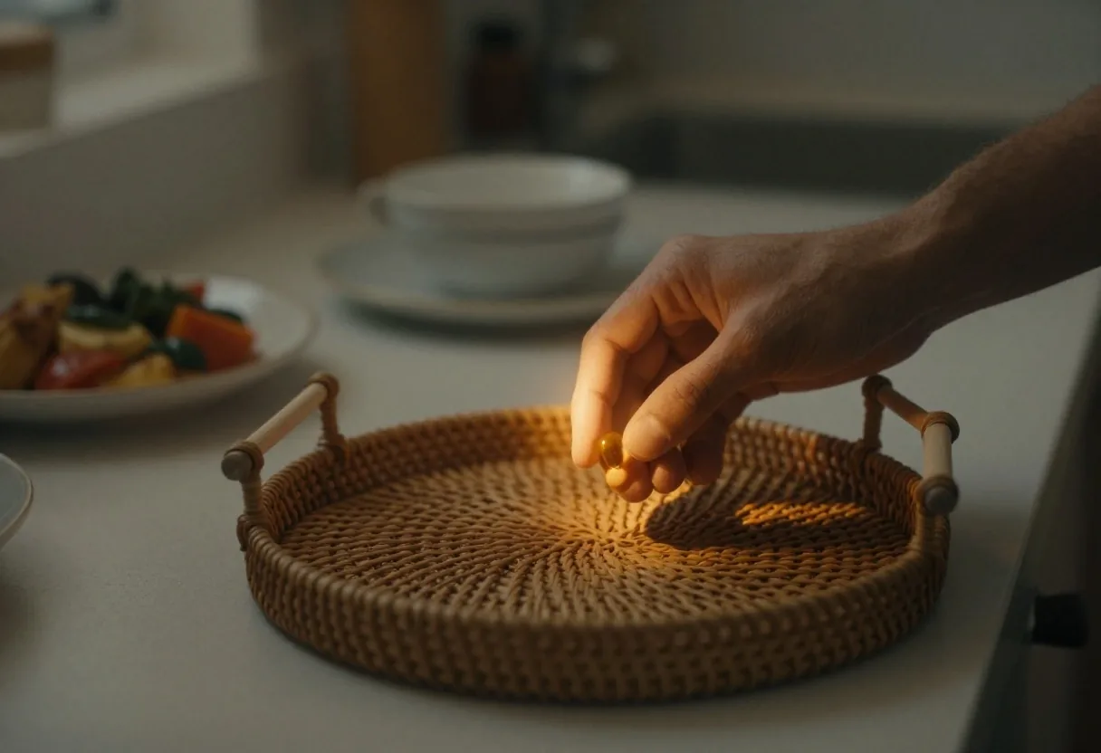 A single amber capsule and a dried turmeric root cutting on a warm-lit slab