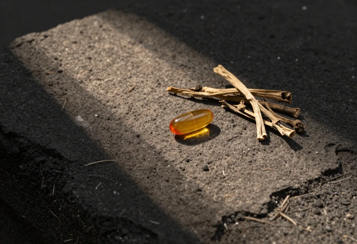 A single amber supplement capsule beside a dried botanical cutting on a lit stone slab