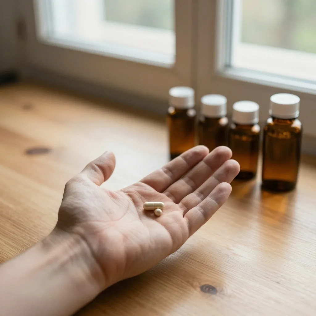 Four amber-glass supplement bottles arranged in a row on a light table