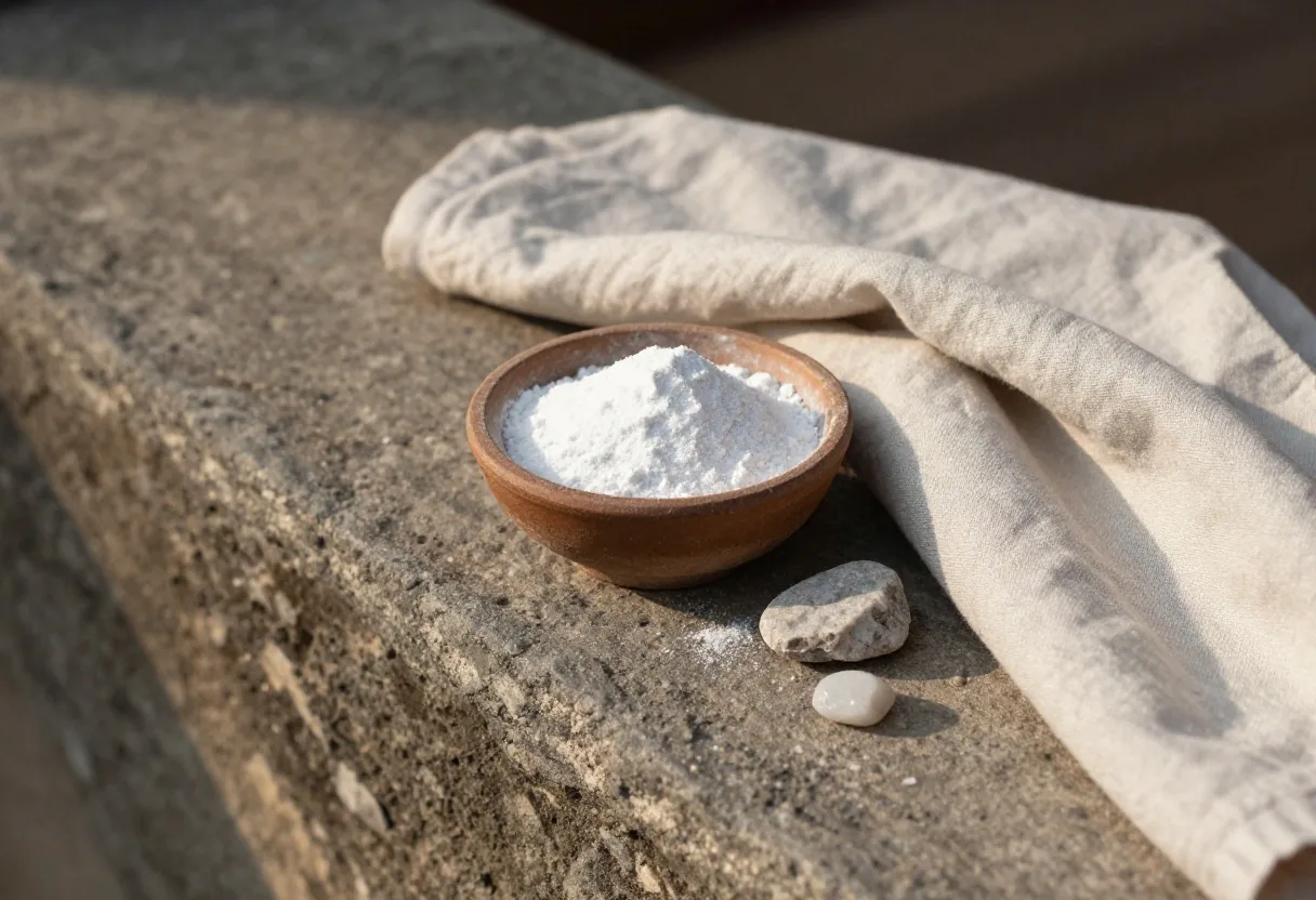 A white dish of mineral powder and two mineral pieces beside an amber glass jar on a linen table