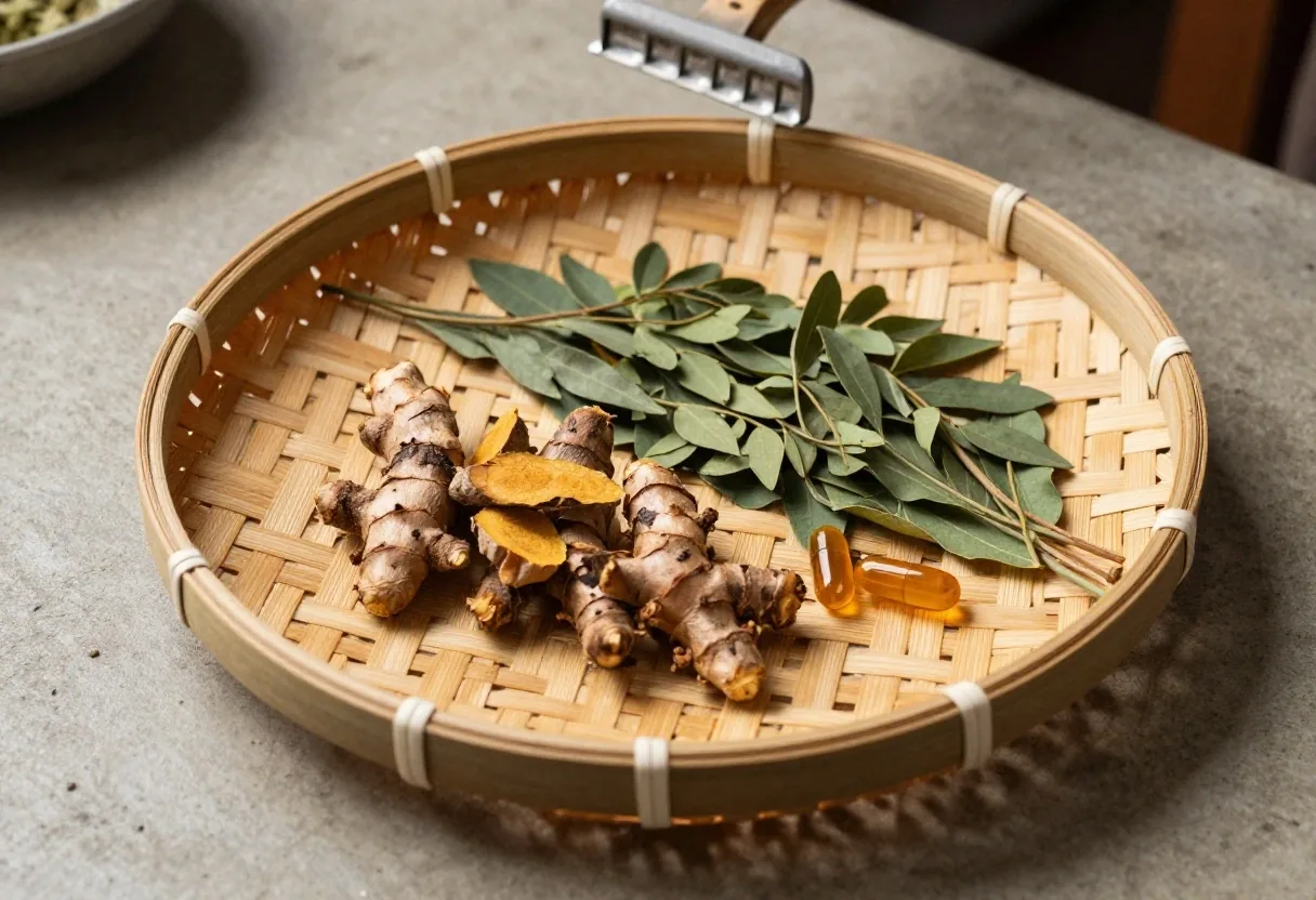 An amber supplement capsule beside a dried turmeric root cutting and moringa leaves on a matte amber slab