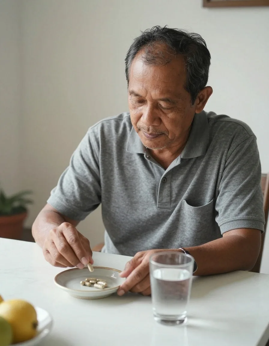 A man taking capsules from a small dish beside a glass of water