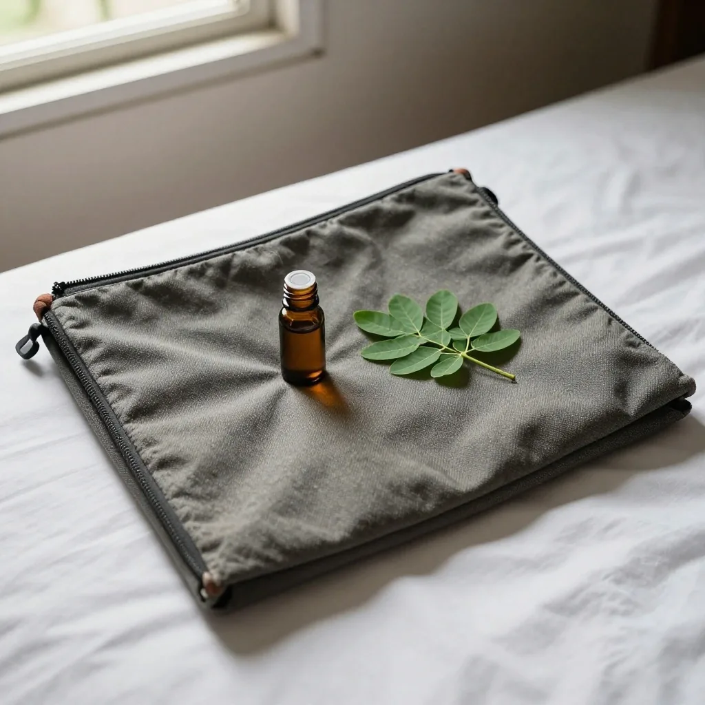 Amber glass bottle beside dried turmeric slices and a moringa leaf