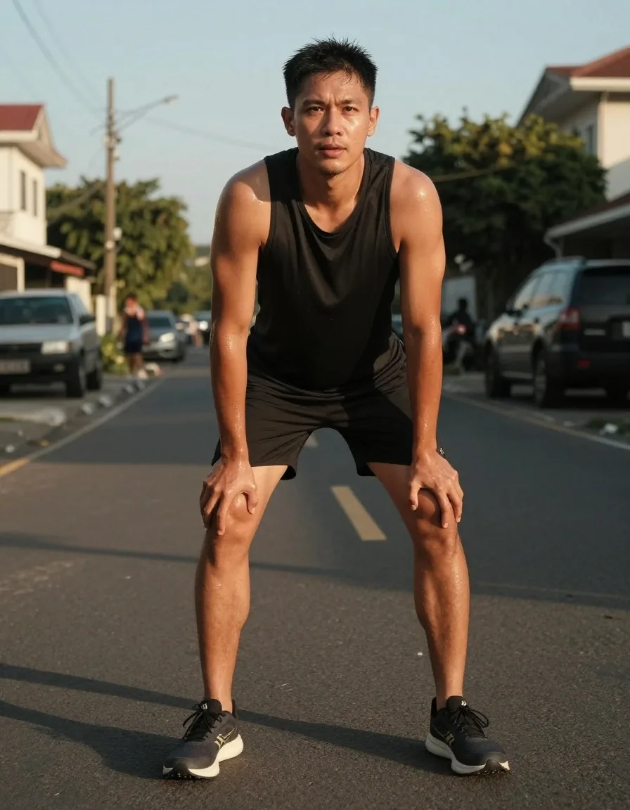 Runner catching his breath after a run on a quiet street
